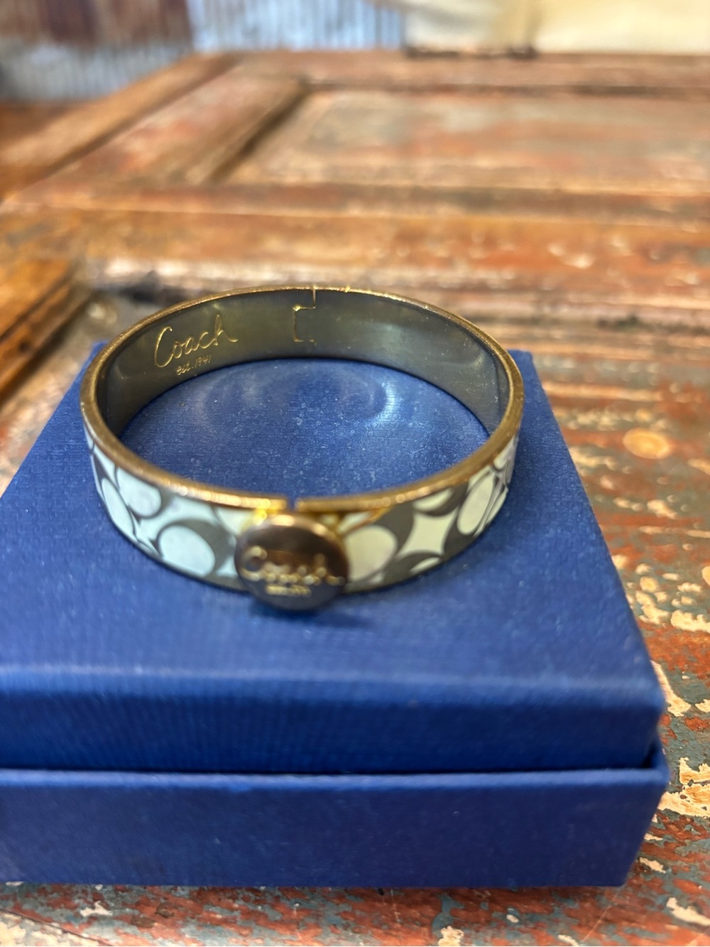 Coach Enamel Hinged Bangle Bracelet in White and Gold